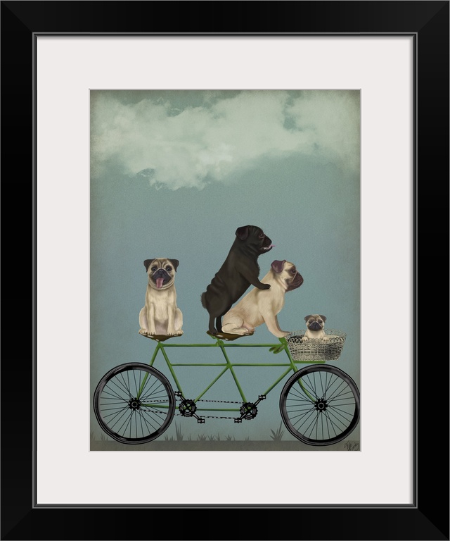 Decorative artwork of four Pugs riding on a green tandem bicycle with one puppy riding in the basket attached to the front.