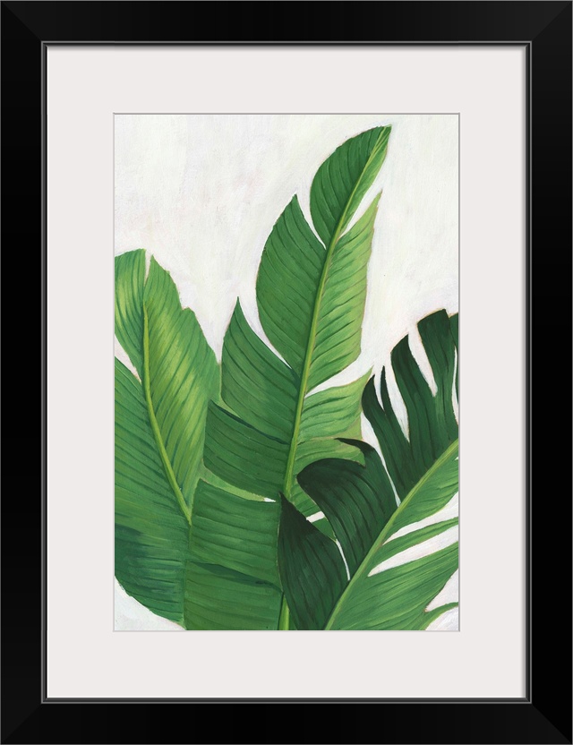 Artwork featuring luscious leaves against a mottled background with gray and off-white brush strokes.