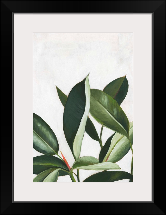 Artwork featuring luscious leaves against a mottled background with gray and off-white brush strokes.