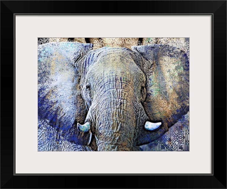 This digital artwork features overlapping images of an elephant, global tile pattern and paint splatters in blue and green.