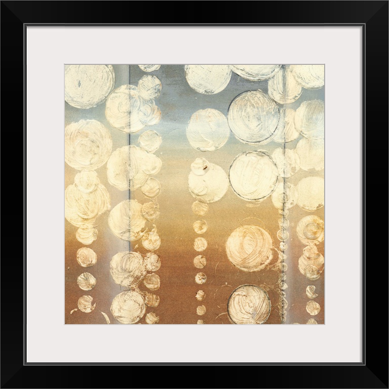Contemporary abstract art piece with heavy painted cream circles depicting rain drops falling from the blue sky on to the ...