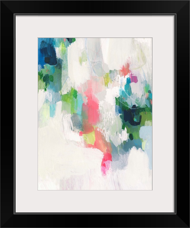 Contemporary abstract painted in vibrant pinks, greens, and blues on a white and gray background.