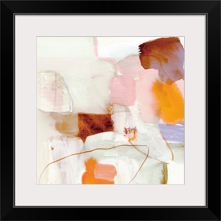 Square abstract painting in shades of brown, orange, pink, purple and cream.