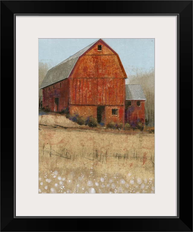 Countryside artwork of rustic red barn on a straw colored field.