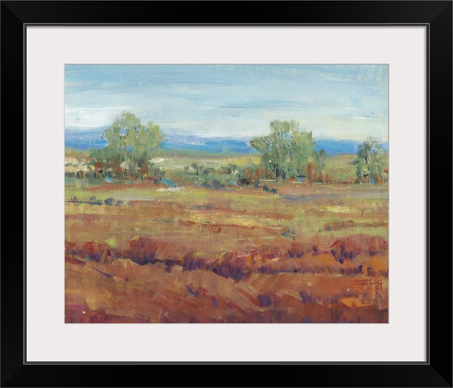 Contemporary painting of a landscape featuring a field of red clay in the foreground with a line of trees in the background.