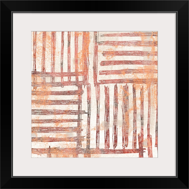 Contemporary patterned painting in earth tones and orange-red hues.