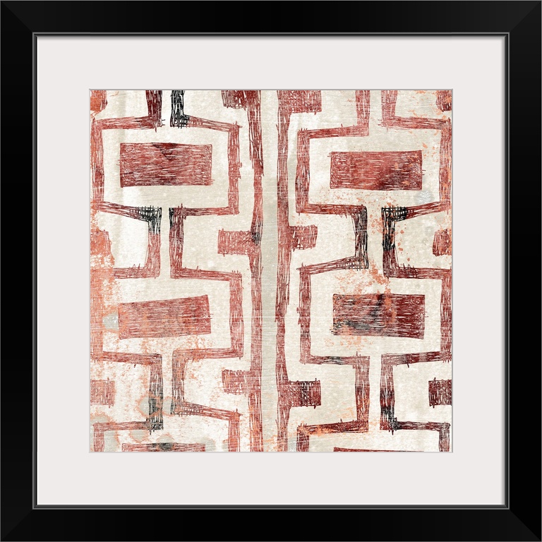 Contemporary patterned painting in earth tones and orange-red hues.