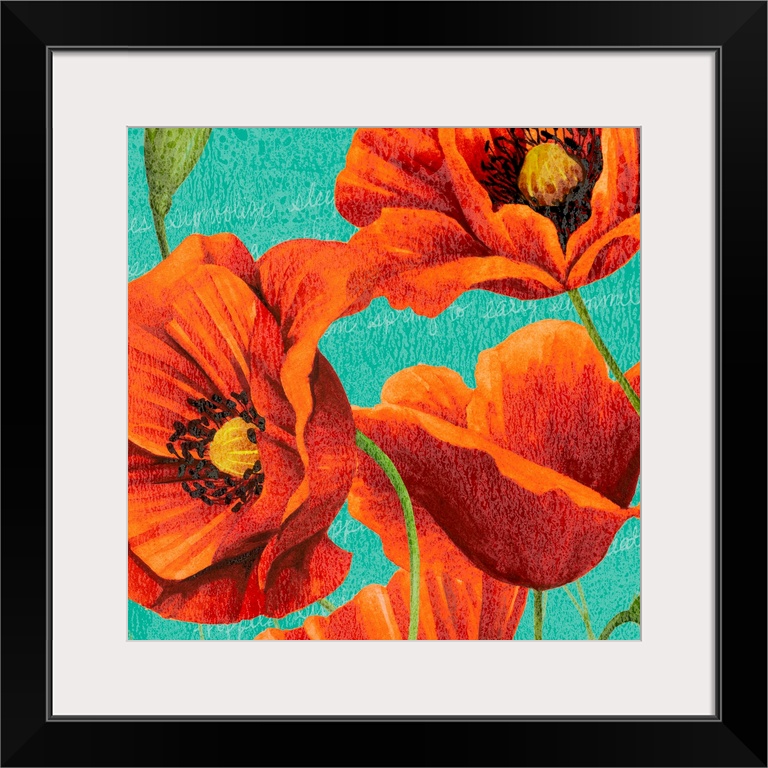 Red Poppies on Teal I