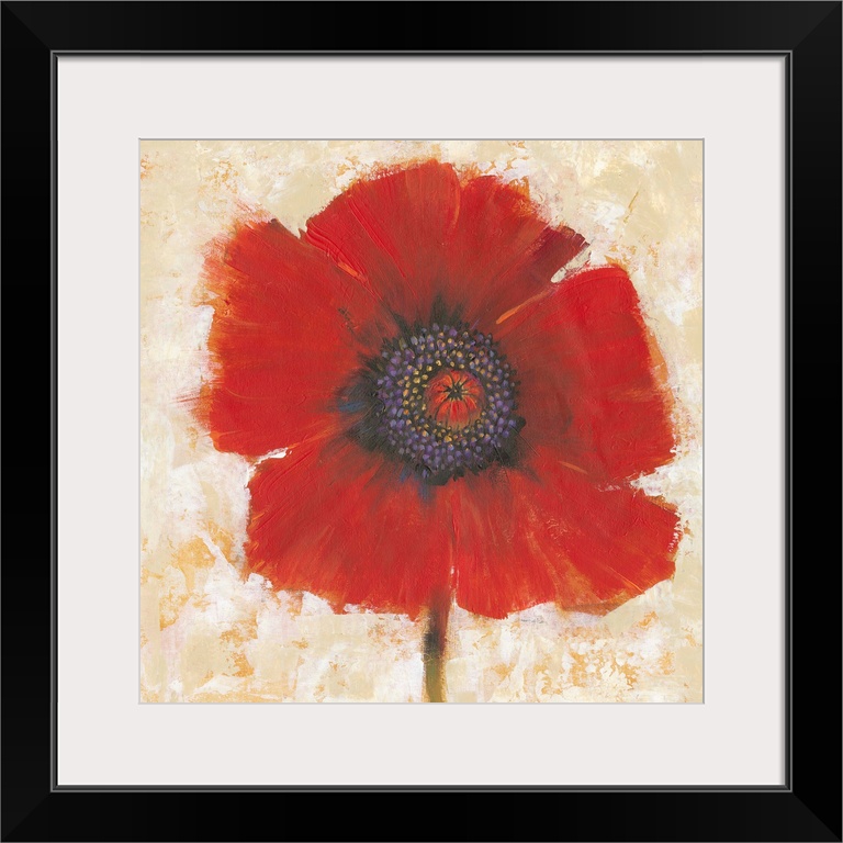 Creative painting of a bright red poppy on a mottled gold and beige backdrop.