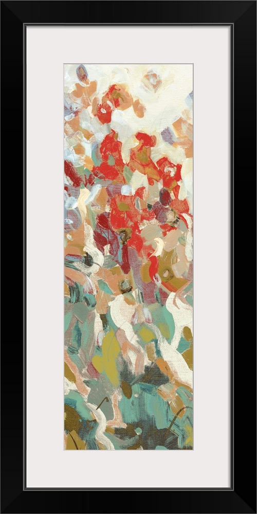 Abstract painting using color and applications to suggest flowers.