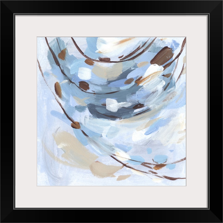 Colorful contemporary abstract painting with short brushstrokes in various shades of blue and brown.