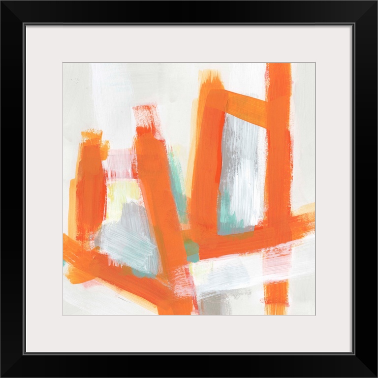 Mid-century inspired abstract painting of broad orange strokes against a neutral background.