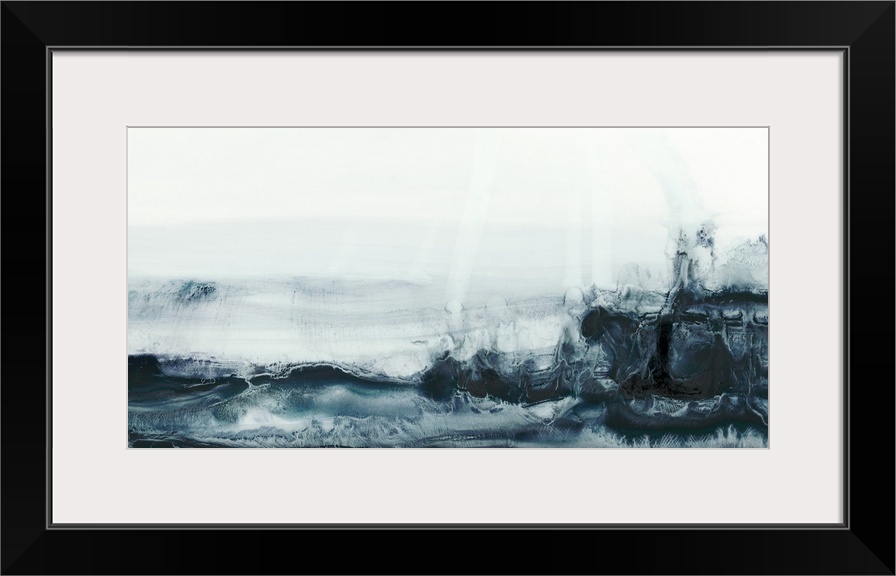 This contemporary artwork illustrates the fluctuating deep blue sea with energetic brush strokes in blue against a soft wh...