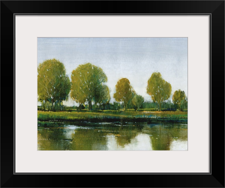 Contemporary painting of an idyllic countryside scene of trees reflected in still water.