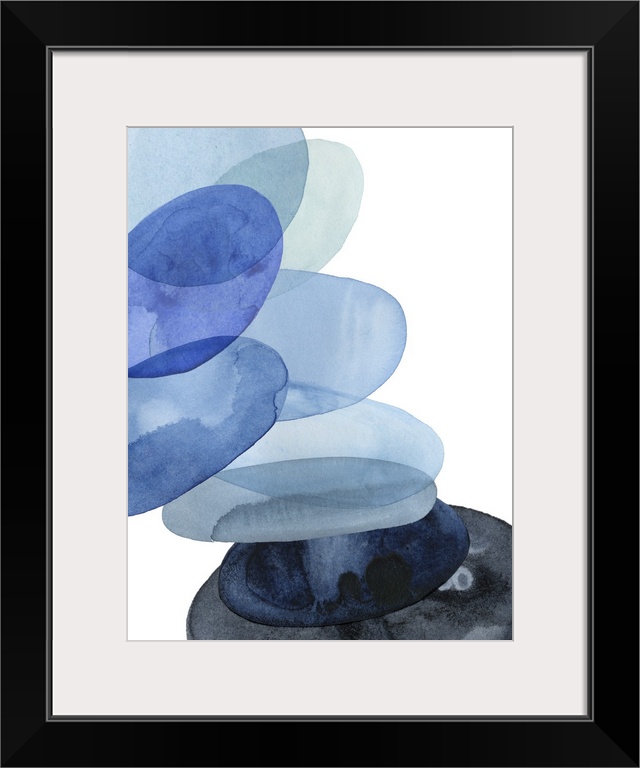 Abstract watercolor painting of oval shapes, representing river stones, stacked on top of each other in shades of blue, on...