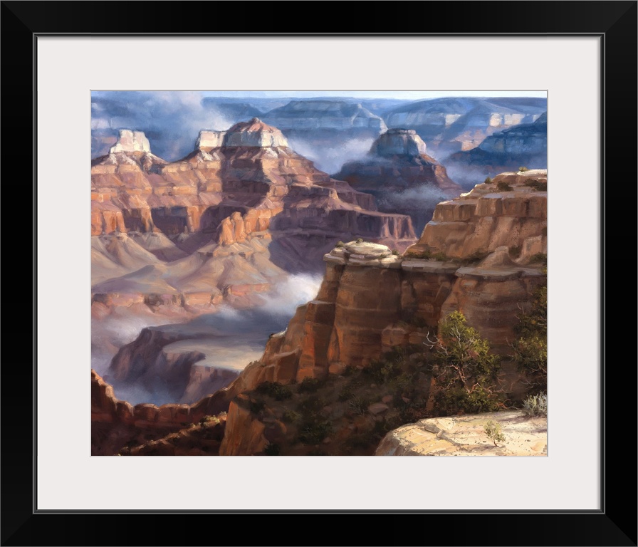 Contemporary artwork of lively brush strokes that create a serene rock canyon landscape.