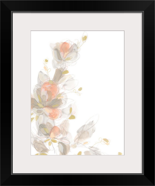 A vertical abstract of gestural lines and muted pinks accentuates a cluster of flowers.