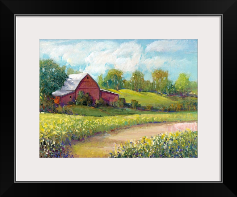 Colorful rural landscape featuring a red barn surrounded by lush, green vegetation.