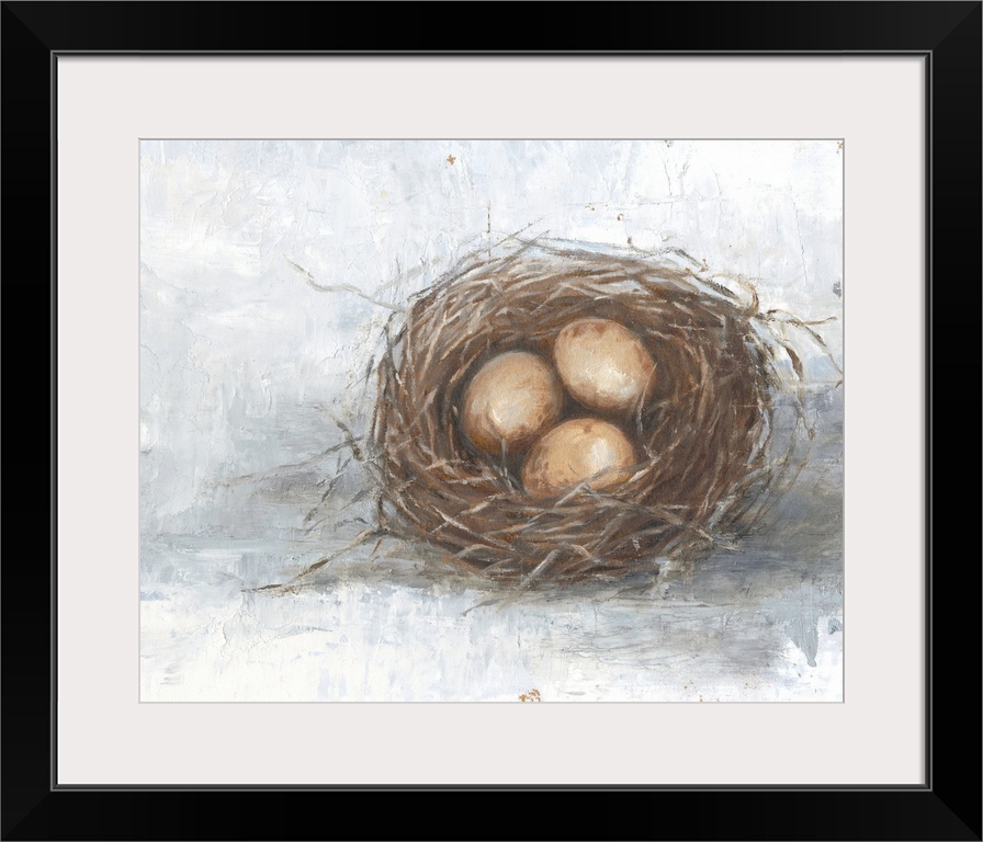 Orange eggs resting in a nest against a distressed light background fills this rustic artwork.
