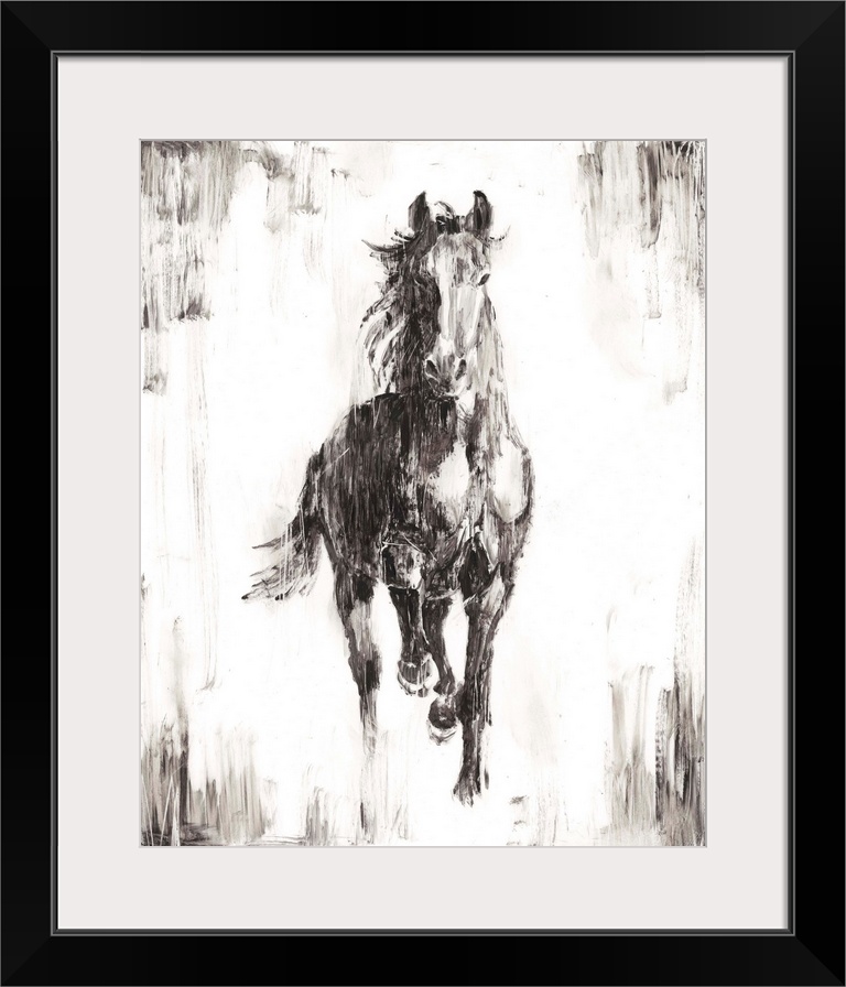 Vertical painting of a running horse done if varies shades of gray and white with a rough brush stroke feel.