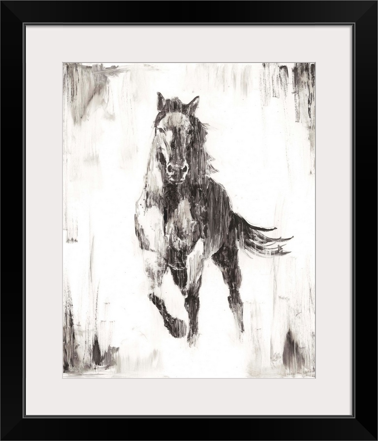 Vertical painting of a running horse done if varies shades of gray and white with a rough brush stroke feel.