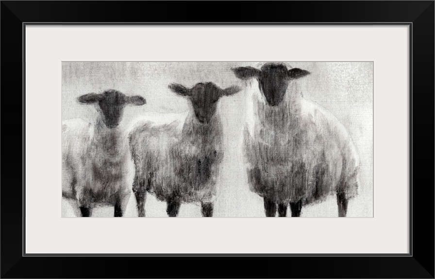 Monochrome painting of three woolly sheep in a field.