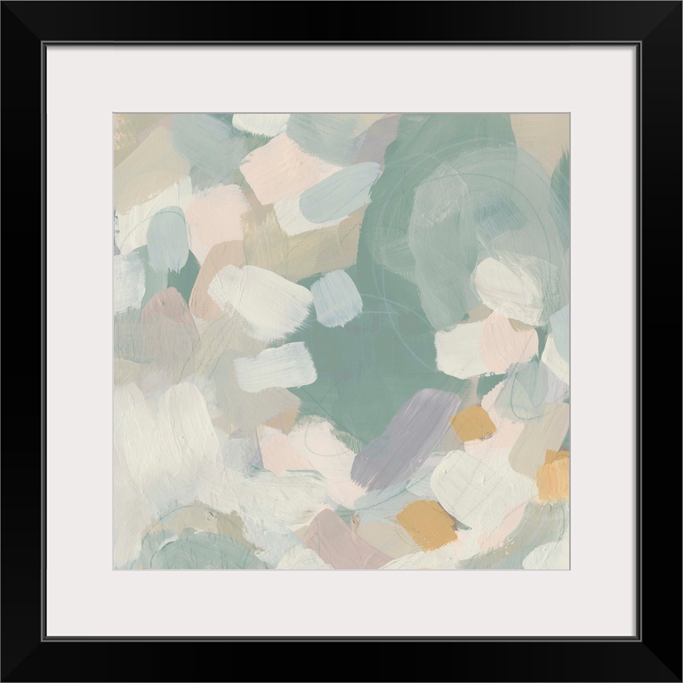 Abstract painting in muted blues and pinks.