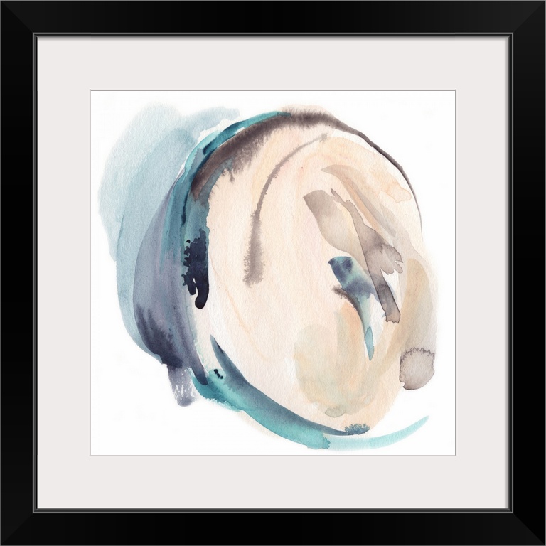 A watercolor abstract painting is swirls of blue, cream, and brown shades.