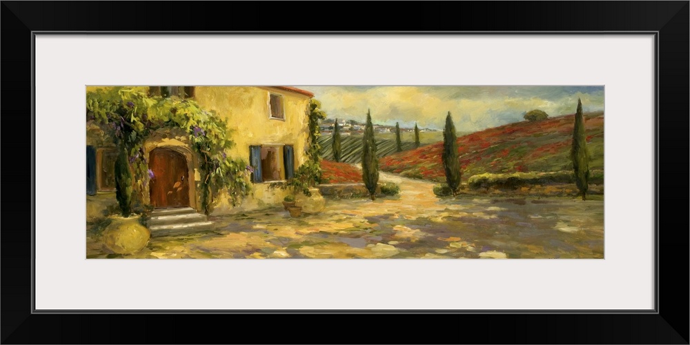 A modern painting in a traditional style of a house and rolling hills in the Italy countryside.