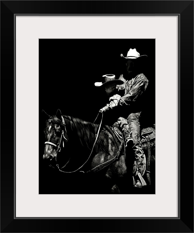 Black and white lifelike illustration of a cowboy and child riding a horse.