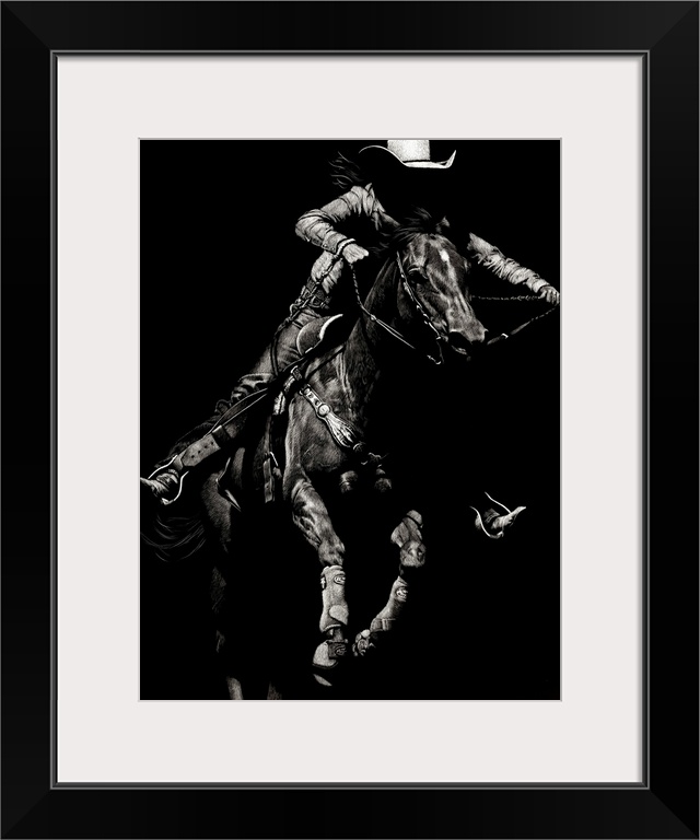 Black and white lifelike illustration of a cowboy riding a horse.