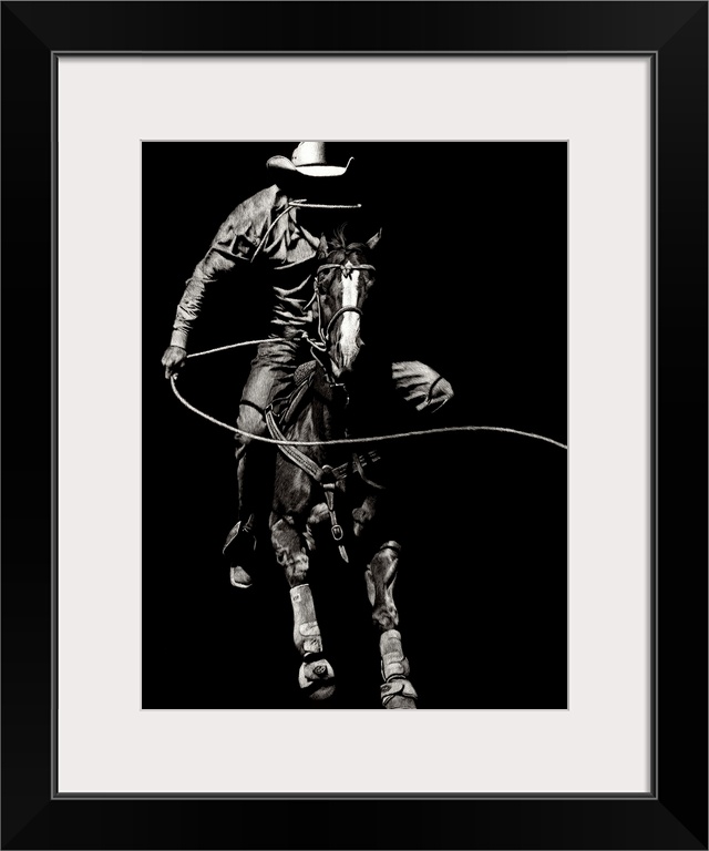 Black and white lifelike illustration of a cowboy riding a horse with a lasso.