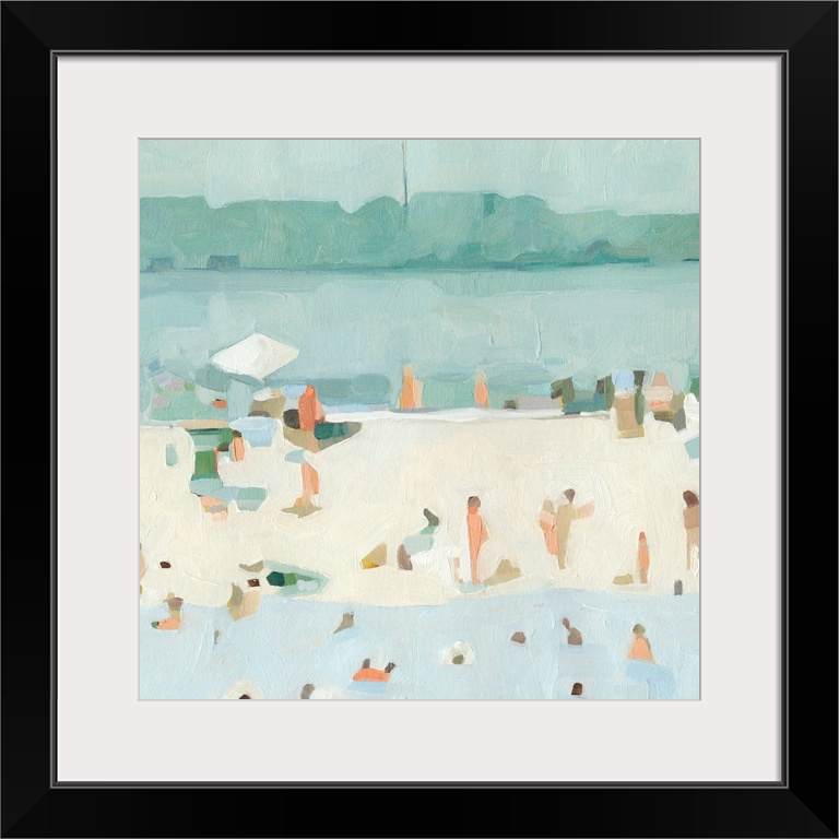 A contemporary impressionist beach scene where simple blocks of color perfectly represent the figures of people in and out...