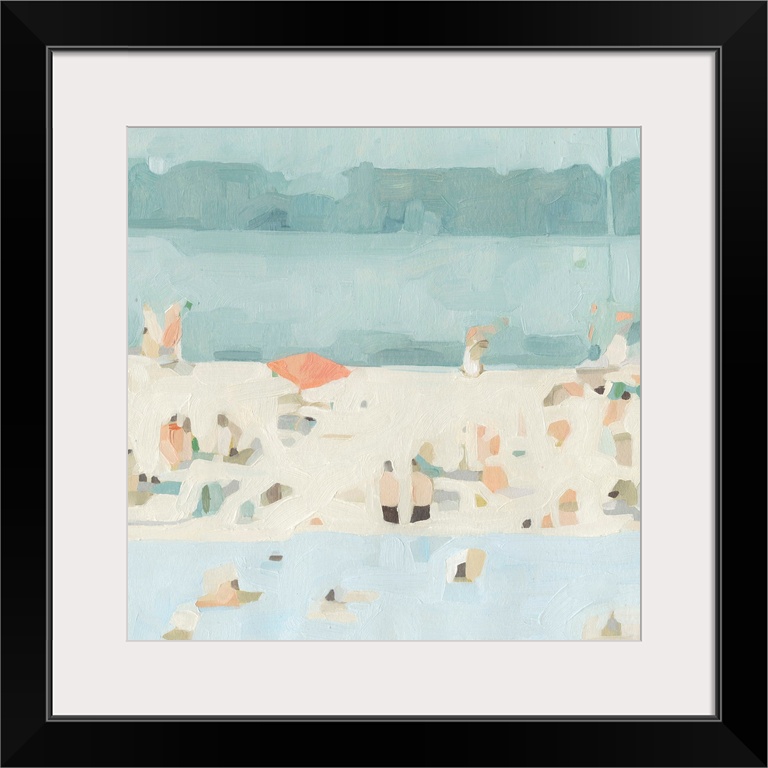 A chunky, abstracted painting of beach goers on a sandbar, painted in a pleasing palette of blueish-green hues.