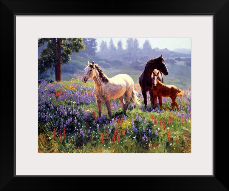 Contemporary colorful painting of a herd of horses in a countryside clearing.