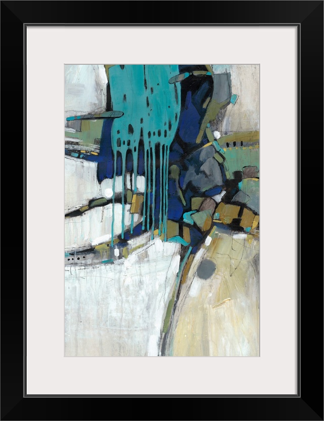 This abstract artwork features blocks of bright color, paint drips and organic lines.