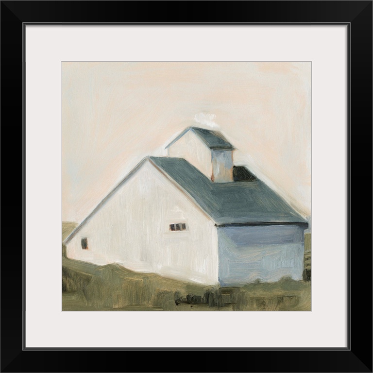 This simple and homely image of a white saltbox barn with slate blue roof is painted in a simple, impressionist style. It ...