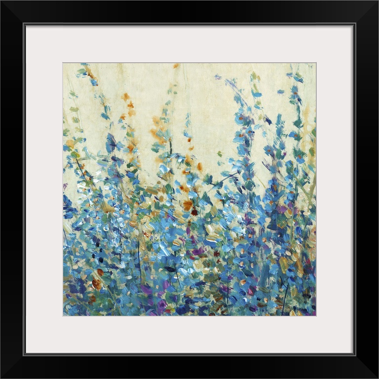 Blue toned contemporary painting of flowers.