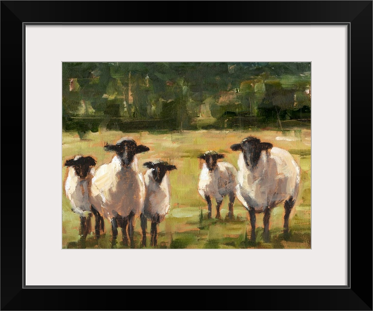 Contemporary painting of sheep in a field.