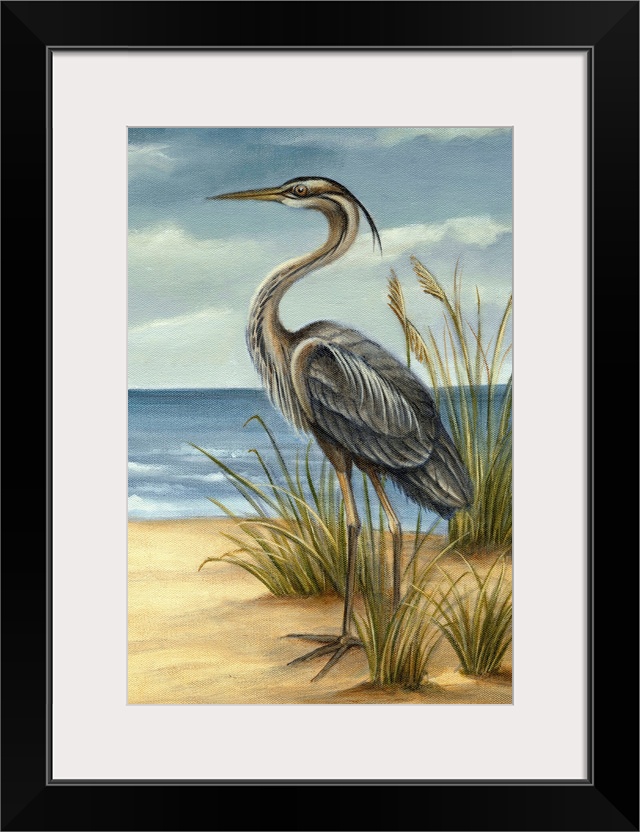 Image of a tall heron standing among clumps of sea grass. This traditional painting is reminiscent of the work of John Jam...