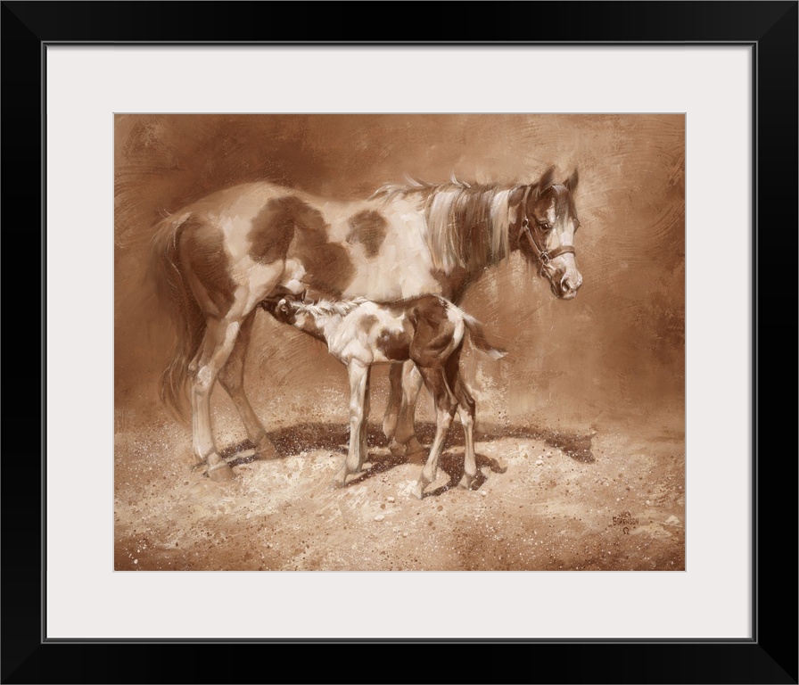 Energetic brush strokes and paint splatters create this brown toned artwork featuring a mother horse and her foal.
