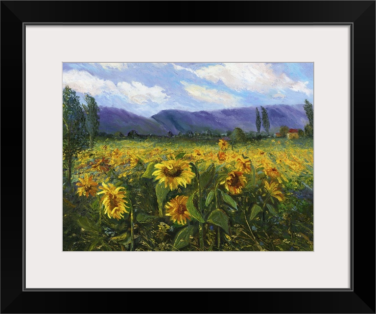 Contemporary painting of a field of wildflowers in a meadow in the Sierra Nevada valley.