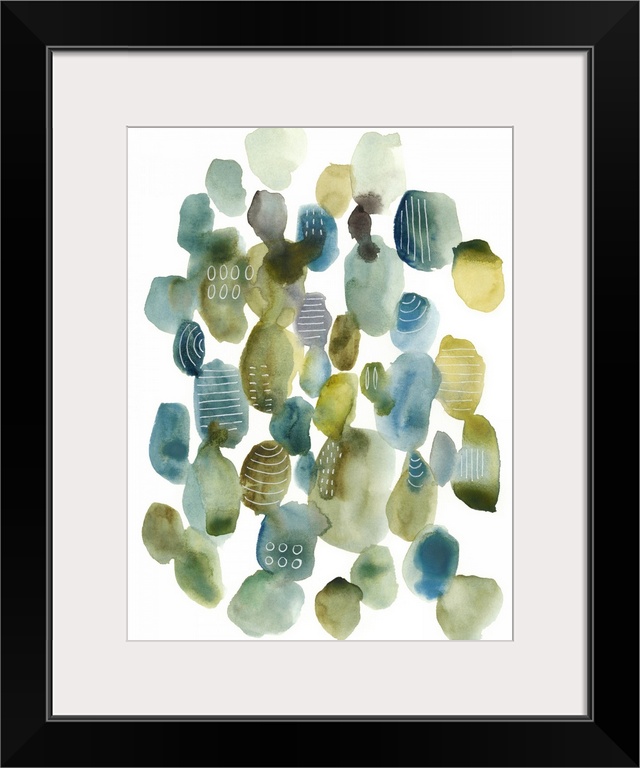 This contemporary artwork contains blue and green pebbles of color with some that are decorated with patterns of white lines.