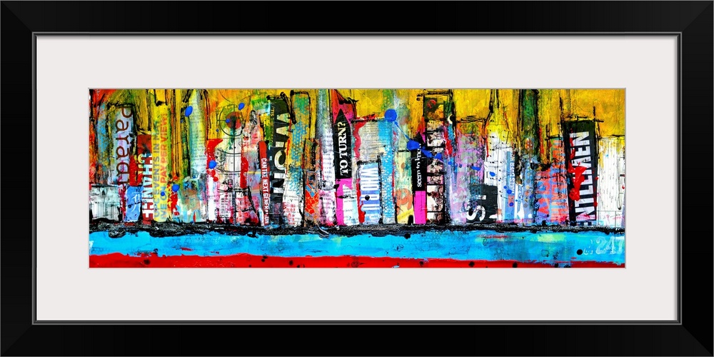 A mixed media collage of paint and printed materials to make a city skyline along a water front in this panoramic.