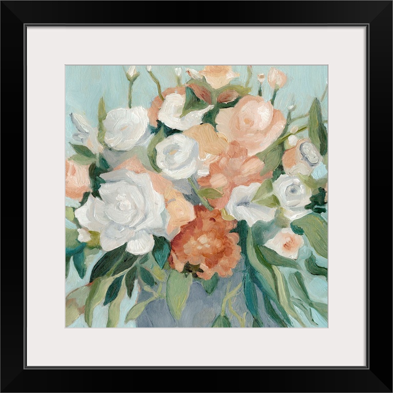 Square painting of a bouquet of soft pastel colored flowers against a pale blue backdrop.