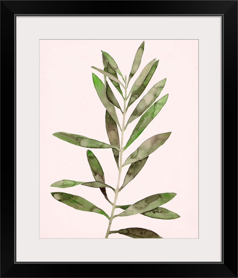 Contemporary painting of watercolor leaves on a pale pink background.