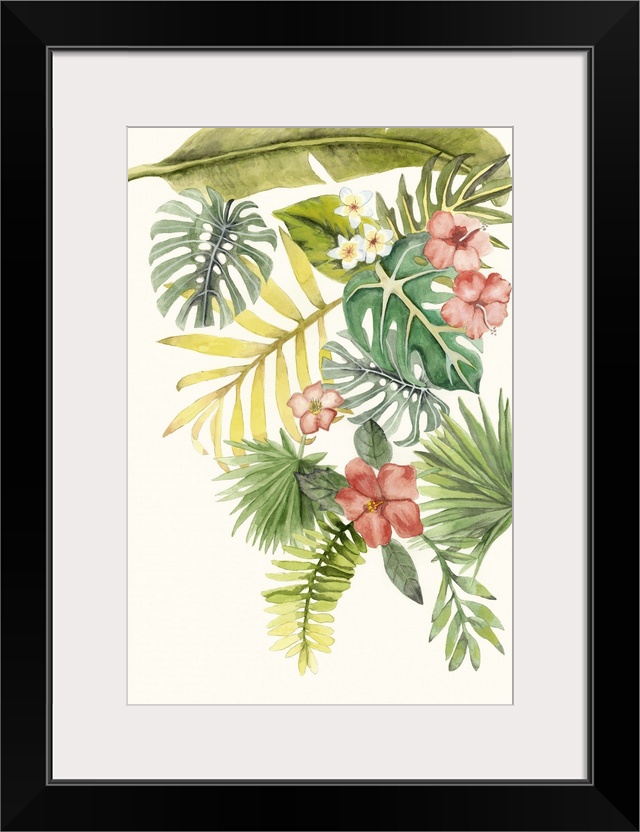 Watercolor painting of a collection of tropical leaves and flowers.