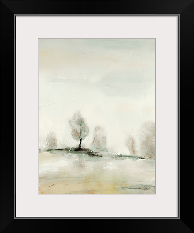 Contemporary landscape art print in neutral colors, with trees on the horizon line.