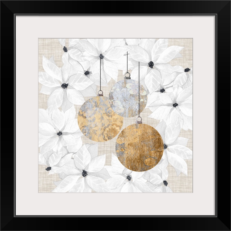 Contemporary Christmas decor of three round ornaments in gold tones.