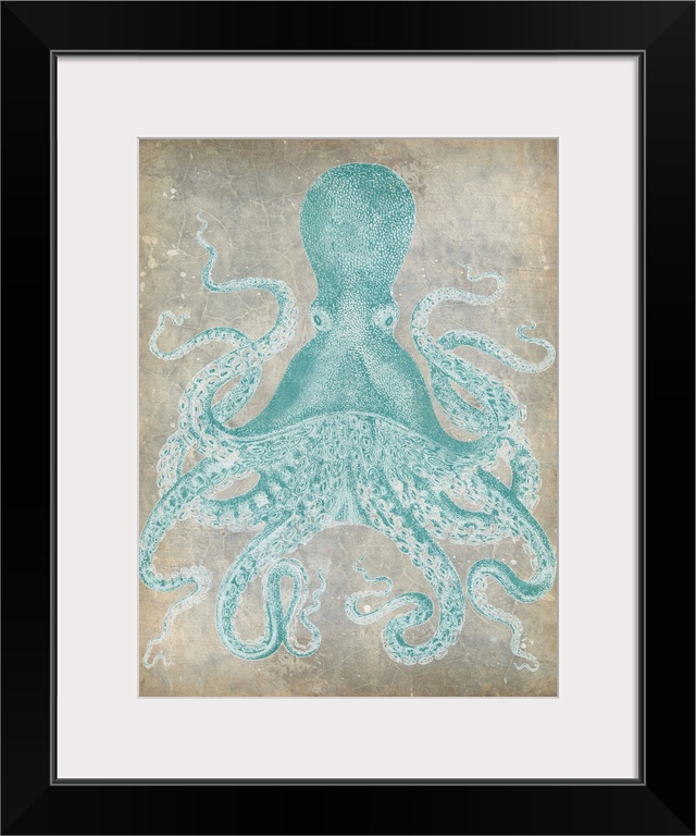Vintage stylized octopus in a pale blue against a neutral background.